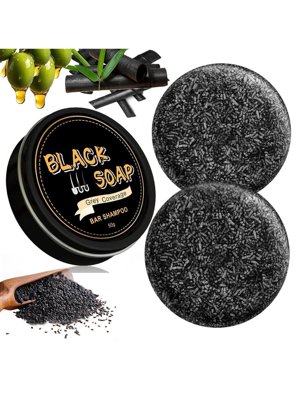 Black Soap Bar Shampoo with Bamboo Charcoal and Ginseng - 50g, Deep Cleansing